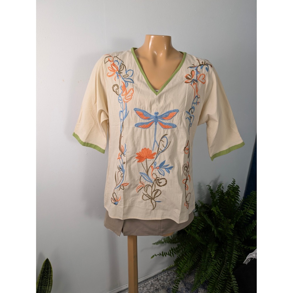 Cherybetty Embroidered Tunic Women Size Sm Beige Dragonfly Floral Cotton V-Neck